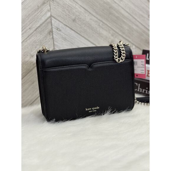 Kate Spade Locket Large Flap Crossbody Bag Black Pebbled Leather Chain Strap NWT - Picture 3 of 5